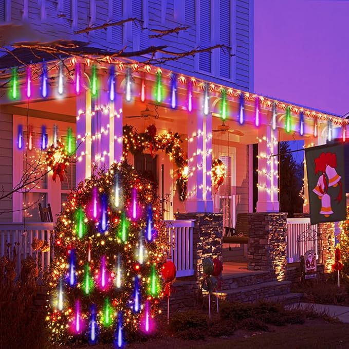 Kwaiffeo Icicle Lights Outdoor 24 Tubes(Equivalent to Pack of 3 8-Tube) Meteor Shower Lights for Xmas Halloween Decorations Yard Party Tree Multi Color(Purple Blue Green White)
