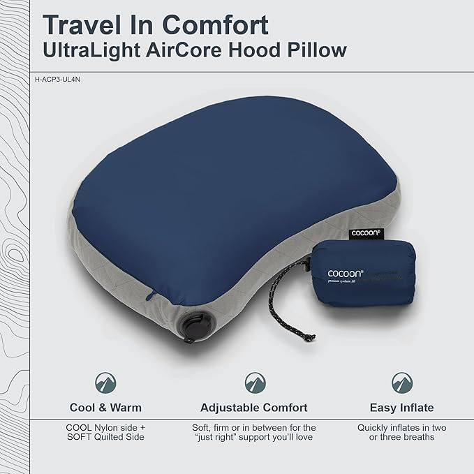 COCOON- Premium - Ultralight Inflatable AirCore Shaped Pillow - Washable Travel Air Pillows for Camping Hiking Backpacking (Regular 11 x 15)
