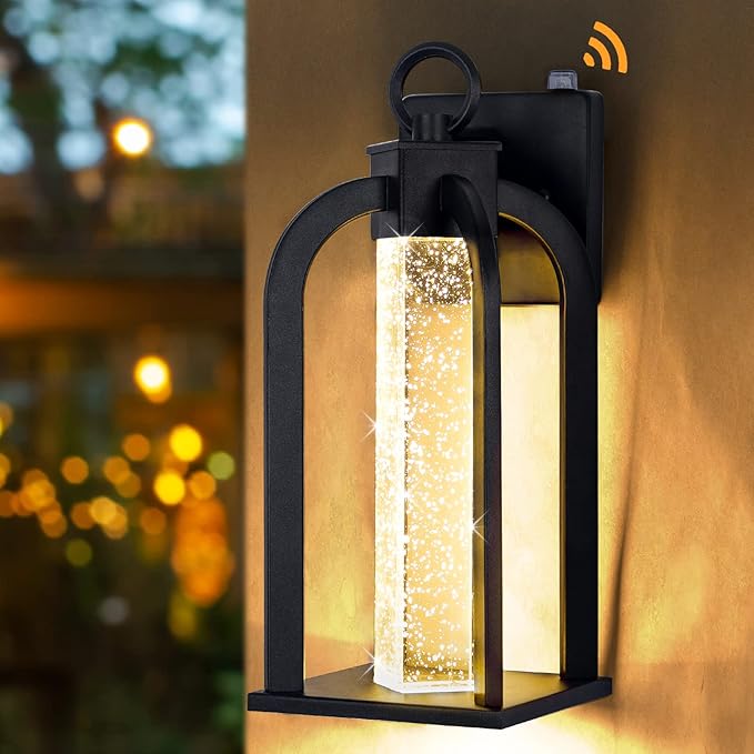 Dusk to Dawn LED Outdoor Wall Light 14 Black Wall Lantern with Crystal Bubble Glass Exterior Light Fixture with Photocell Sensor IP65 Waterproof Anti Rust Outdoor Lighting for House Garage Porch