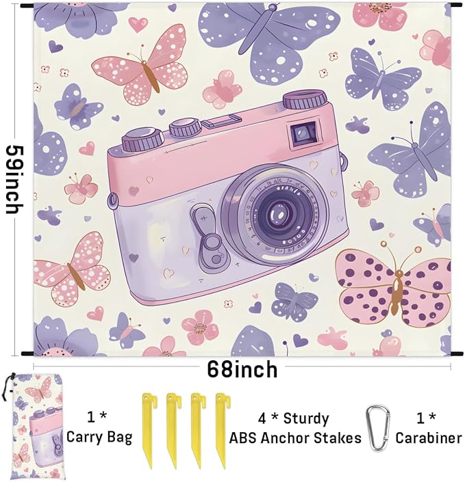 Waterproof Sandproof Beach Blanket 59''×68'' Camera Polyester Outdoor Picnic Blanket with 4 Stakes &amp Storage Bag for BeachCampingVacation Butterflies