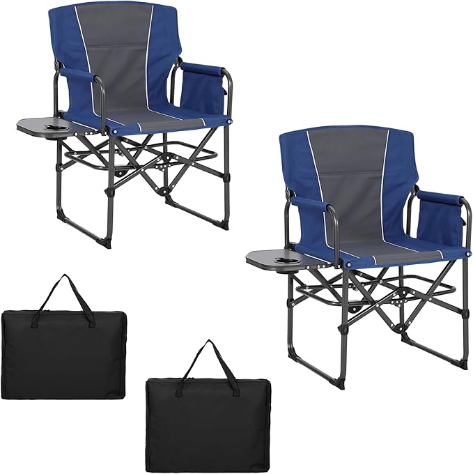 Oversized Camping Directors Chair Portable Folding Lawn Chairs for Adults Heavy Duty with Side Table Outdoor Foldable Camp Chair with Pocket for Beach FishingPicnic (2 Blue/Grey Oversized)