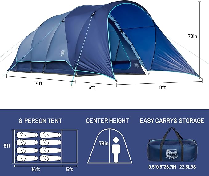 Timber Ridge 8 Person Camping Tent with Large Porch Portable Waterproof Windproof Family Tent with Rainfly Carry Bag Room Divider Easy Set-up Tent with Excellent Ventilation for Camping 3 Season