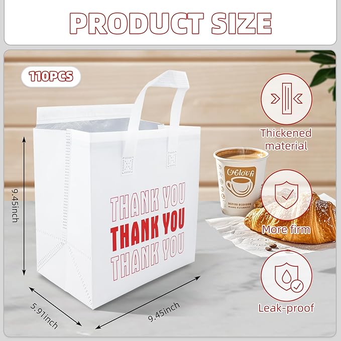 110 Pcs Insulated Take out Bags Bulk Thermal Insulation Take Away Bags 9.4 x 9. 4 x 5.9 Inch for Grocery Lunch Coffee Milk Tea Hot Cold Food Seafood Coffee Pizza Delivery Bags (White)