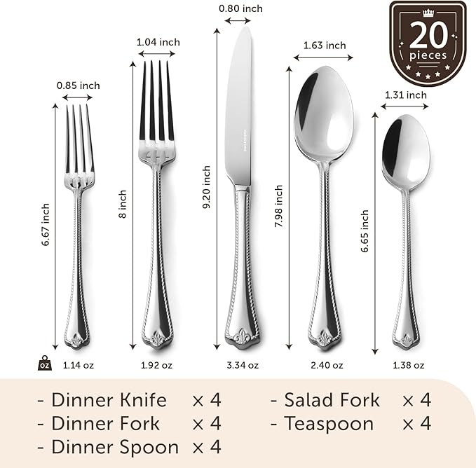 KINGSTONE Silverware Set 20-piece 18/10 Stainless Steel Flatware Set Cutlery Set for 4 for Kitchen Home Wedding Party Mirror Polished and Dishwasher Safe Featured Gifts