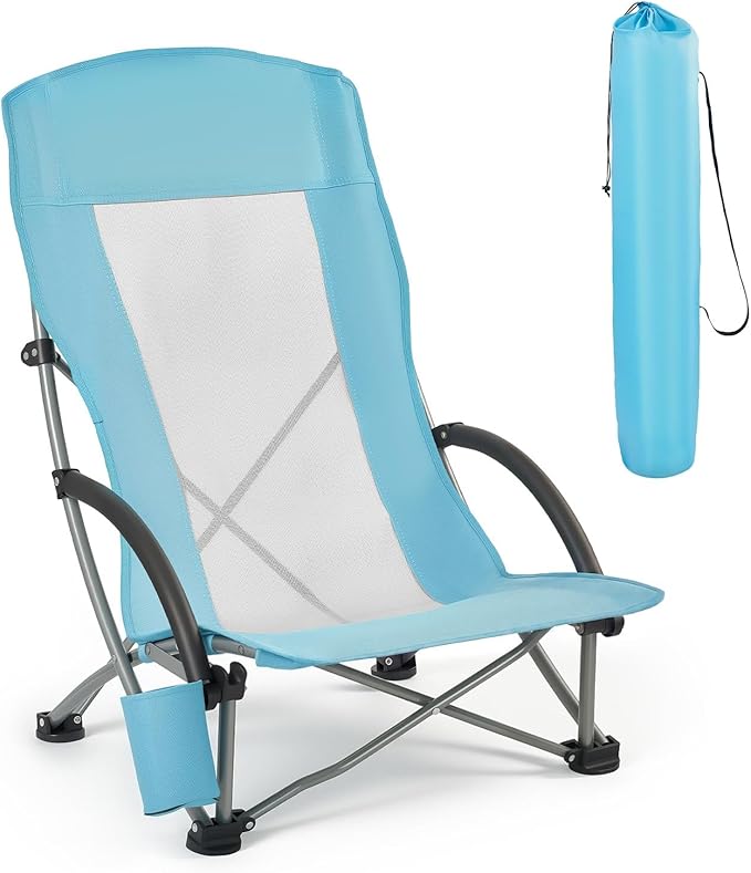 VEVOR Folding Beach Chair High Back Camping Chairs for Adults with Cup Pocket Mesh Back Carry Bag Portable Extra Wide Seat Chair 330 lbs Heavy Duty Support for Outdoor Camp Light Blue