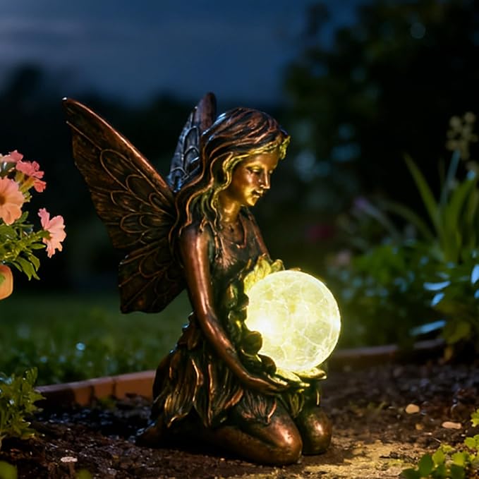 Garden Statues Outdoor Flower Fairy DecorSolar Powered Outdoor Resin Statues-Patio Lawn Yard Porch Funny Fairies Ornaments Figurines for Outside Garden Gifts8.31 Inches Tall