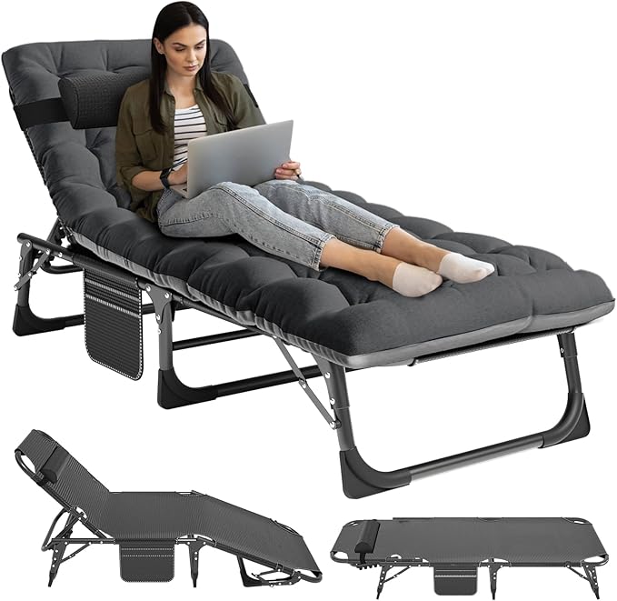 NAIZEA Folding Camping CotsAdjustable 4-Gear Sleeping Cots for AdultsFoldable Cot Bed Folding Chaise Lounge ChairPortable Reclining Chair for Beach Lawn Camping PoolSunbathing Chairs