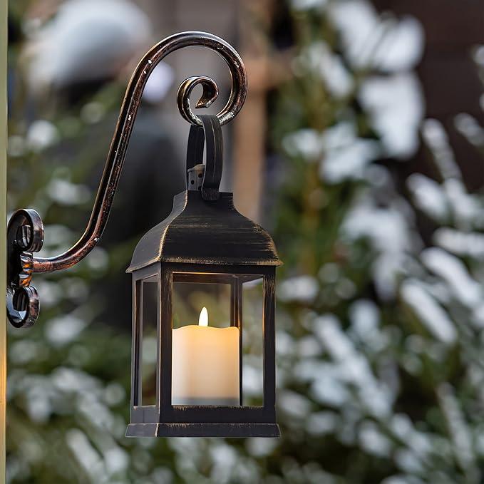 Vintage Lantern Decorative LED Flickering Flameless Candle with Timer Battery Powered LED Decorative Hanging Golden Brushed Black Lanterns for Indoor Outdoor Garden Yard Home Decor(2 Pack)