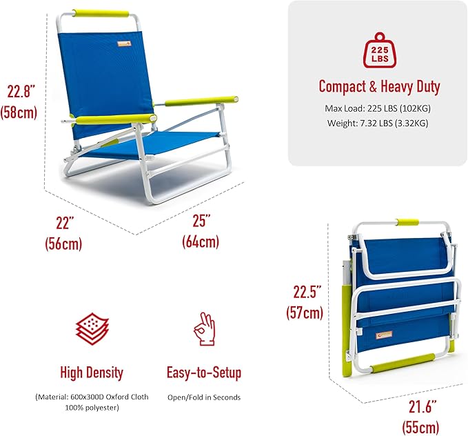 SunnyFeel Low Folding Beach Chair for Adults Lightweight Beach Chair Portable Camping Sand Chairs with Hard Armrest Supports 300lbs for Beach Lawn Concert