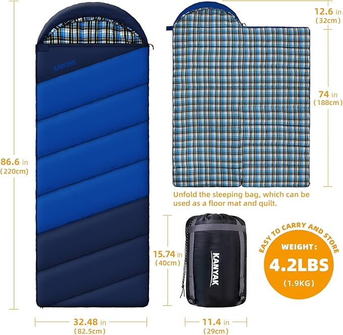 Cotton Flannel Lined Sleeping Bag for Adults Teens Kids Cold Weather &amp Warm 3 Seasons Lightweight Compact Camping Essentials Equipment Hiking Outdoor Travel