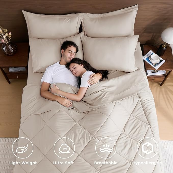 HEVUMYI Beige Tan Twin Comforter Set - 5-Piece All Season Bed in a Bag Twin Ultra Soft Bedding Set with Comforter Flat Sheet Fitted Sheet Pillowcases Pillow Shams Beige Tan