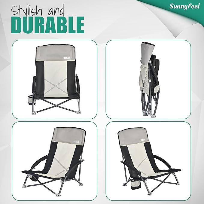 SUNNYFEEL Folding Low Camping Beach Chair 2 Pack Lightweight Portable Lawn Chair with Mesh Back Cup Holder for Outdoor/Travel/Picnic/Concert Foldable Camp Backpack Chair with Carry Bag