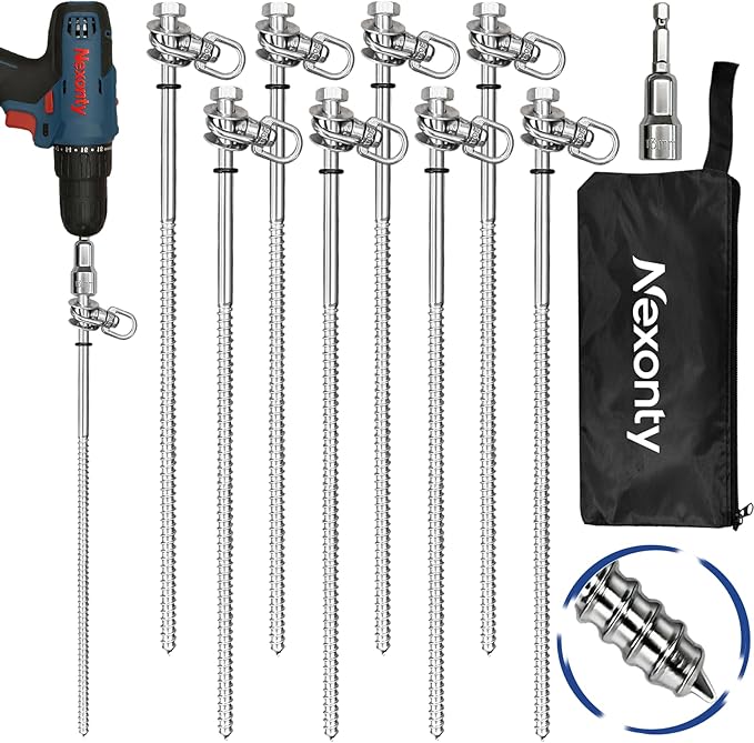 12 Inch Steel Screw in Tent Stakes8 Pack Tent Stakes Heavy DutyGround Anchors Screw inTrampoline Anchor KitSwing Set AnchorsMetal Threaded Camping Stakes with Hex Head Driver&ampStorage Bag