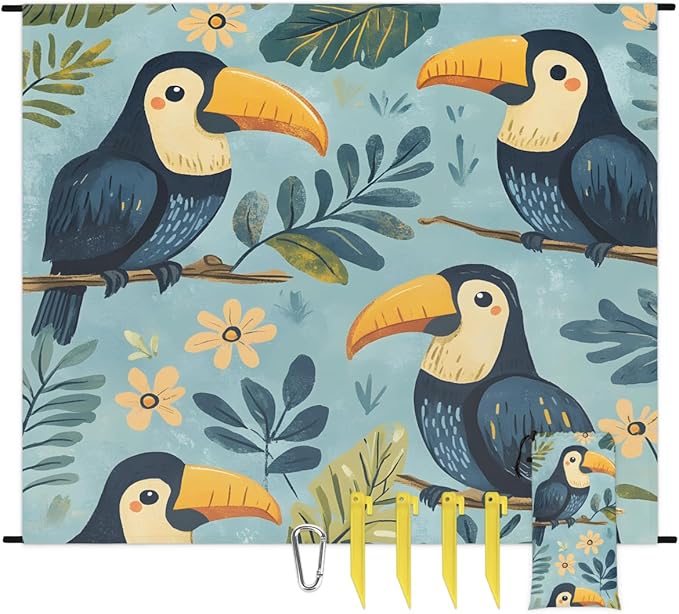 Waterproof Sandproof Beach Blanket 59''×68'' Animals Illustration Polyester Outdoor Picnic Blanket with 4 Stakes &amp Storage Bag for BeachCampingVacation