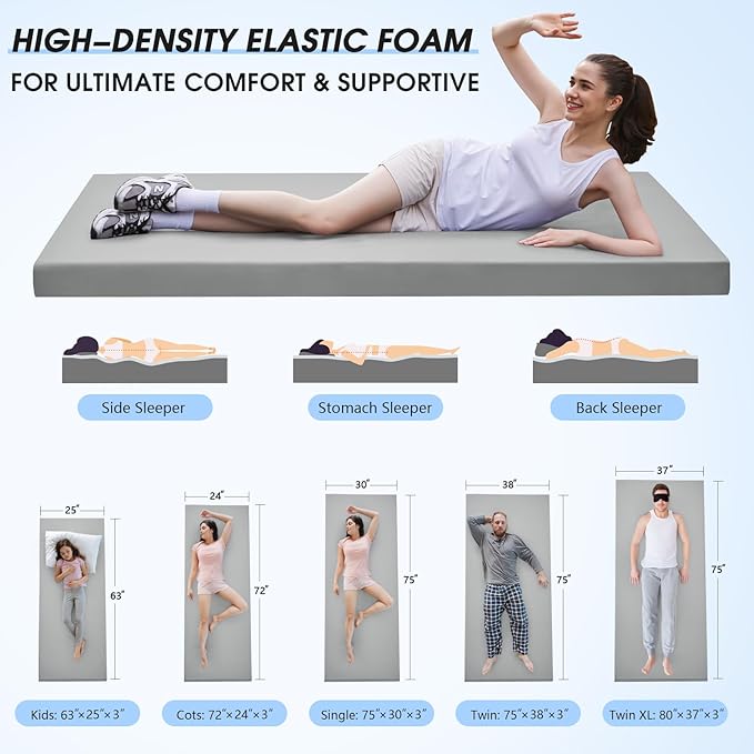 CYMULA Memory Foam Camping Mattress Pad3inch Sleeping Pad for CampingNon-Slip Bottom Floor Cot Car Mattress Bed with Retaining Portable Roll up Mattress Pad Mat for Travel Truck Guest Bed Tent