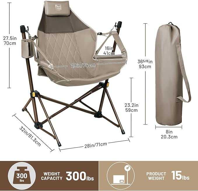 TIMBER RIDGE Hammock Camping Chair with Adjustable Backrest Heavy Duty Folding Hammock Chair Supports 300lbs Portable Hammock Chair for Camping Travelling and Patio Tan