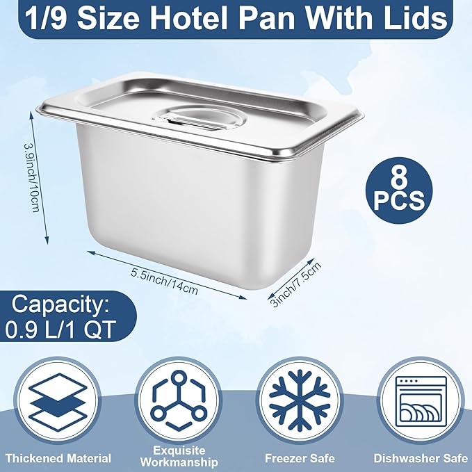 8 PCS Stainless Steel Hotel Pans with Lids 1/9 Size 4 Inch Deep Stainless Steel Steam Table Pan with Lids Metal Food Pans with Lid for Hotel Restaurant Buffet Home