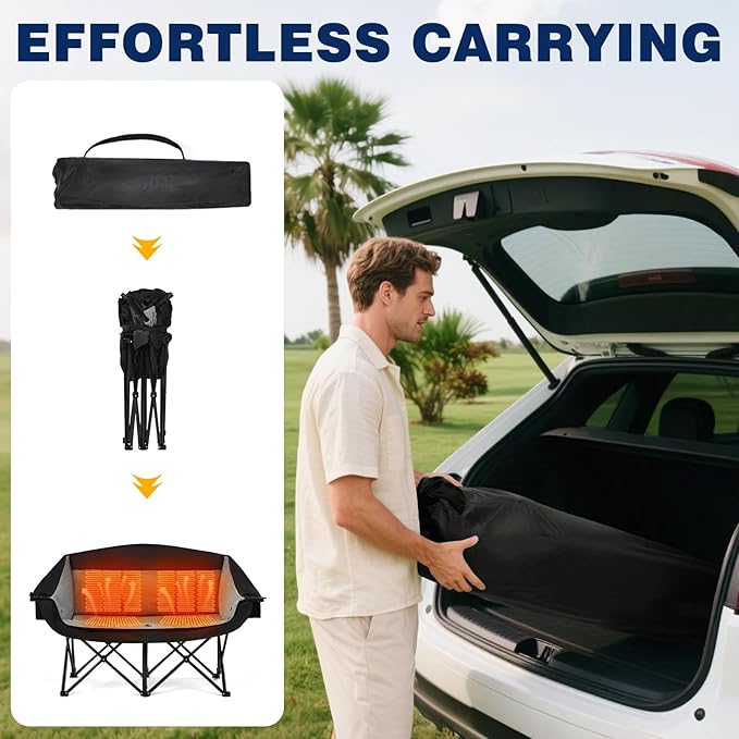 apollo walker Heated Double Camping Chair - Extra Wide Heavy Duty 600lbs Camping Couch with Adjustable Heating Dual Cup Holder &amp Carry Bag Loveseat Camping Chair for Outdoor Lawn Park