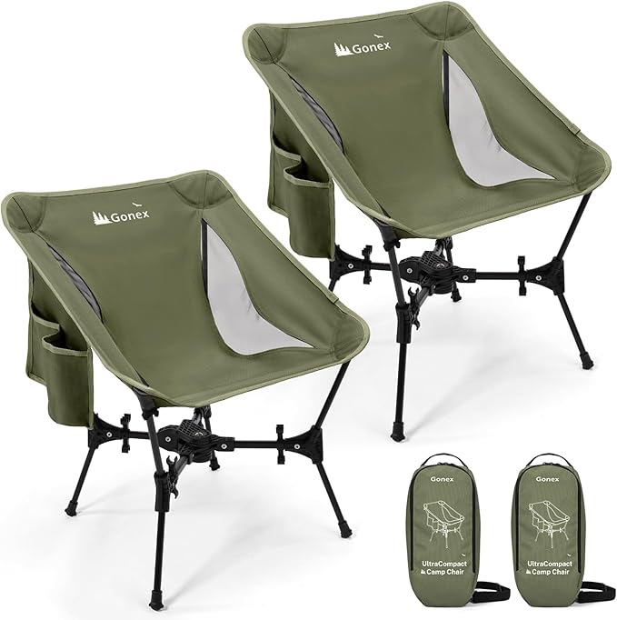 Gonex Portable Camping Chair The 5th Gen Ultralight Compact Backpacking Foldable Lightweight Folding Chair for Outdoor Camp Hiking Beach Picnic Concert Supports 330lbs (Army Green 2 PCS)