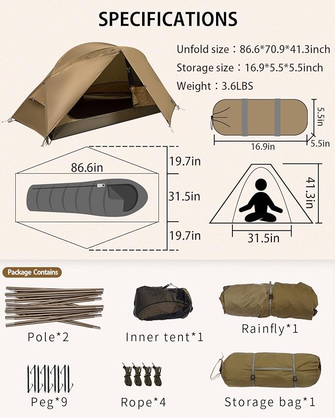 MC TOMOUNT Backpacking Tent Ultralight Nylon 1-2 Person Tent 3.3lbs-4.4lbs for Hiking Camping