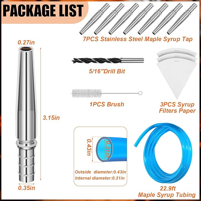 13Pcs Maple Syrup Tree Tapping Kit Include 7 Stainless Steel Maple Taps22.9ft Maple Syrup Tubing3 Maple Sap Filter1 Cleaning Brush1 Maple Tap Drill Bit for Maple Syrup Collection Supplies