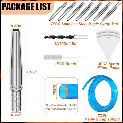 13Pcs Maple Syrup Tree Tapping Kit Include 7 Stainless Steel Maple Taps22.9ft Maple Syrup Tubing3 Maple Sap Filter1 Cleaning Brush1 Maple Tap Drill Bit for Maple Syrup Collection Supplies