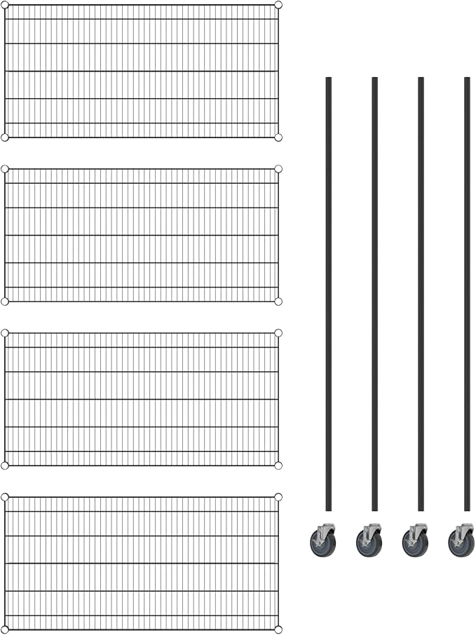 Commercial NSF Listed Black Epoxy Mobile Wire Shelving Kit 24 x 48 x 80 with 4 Shelves Perfect for Warehouse Walk-in Refrigerator Freezer Grocery Store Restaurant Dishroom