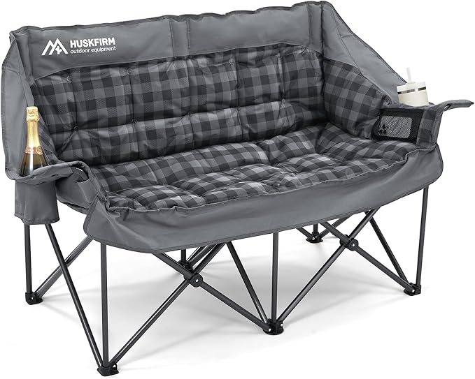 Double Camping Chair Padded 2 Person Camping Chair Camping Loveseat - Heavy Duty Oversized Camping Couch for Adults Outdoor Lawn Beach - Portable Folding Sofa with Cup Holders and Carry Bag Grey