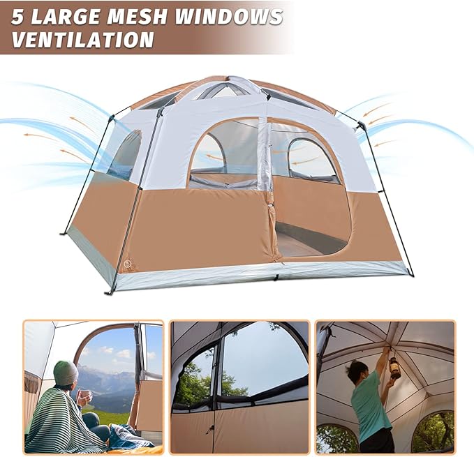 UNP Tents 6 Person Waterproof Windproof Easy SetupDouble Layer Family Camping Tent with 1 Mesh Door &amp 5 Large Mesh Windows -10'X9'X78in(H)