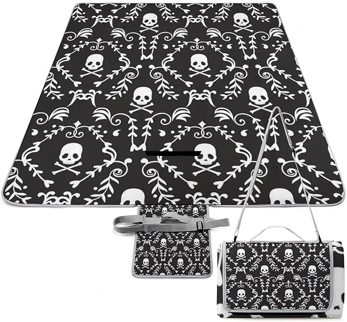Gothic Skulls Damask Style Black White Waterproof Outdoor Picnic Blanket Sandproof Beach Mat for Camping Hiking Grass Travelling