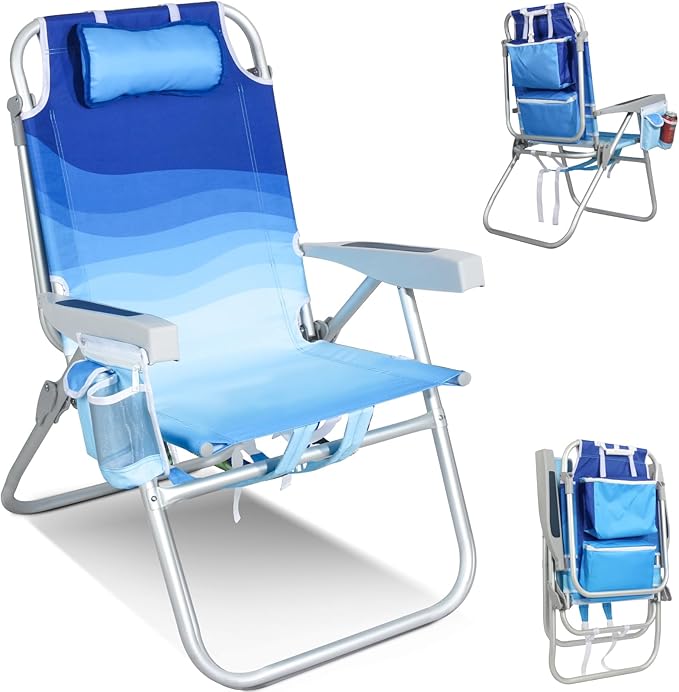 Tall Beach Chairs for Adults – 5-Position Reclining Backpack Chair with Large Insulated Cooler &amp Storage Pocket Aluminum Frame Portable for Travel &amp Outdoor Supports 300lbs Wave Blue