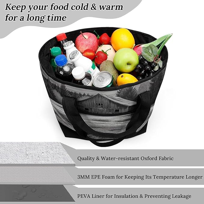 Insulated Shopping BagLarge Reusable Cooler Bags Barn Black And White Printed Foldable Shopping BagTravel Waterproof Shoulder Bag
