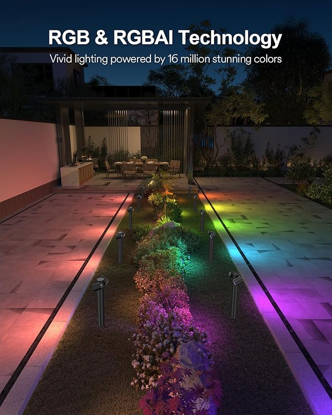 Lumary Smart Pathway Lights Pro 700LM RGBAICW Color Changing Landscape Lights with 8 Adjustable 355° Spot Lights IP65 Waterproof 48FT Wired Outdoor Landscape Lighting WiFi APP/Voice/Remote (4 Pack)