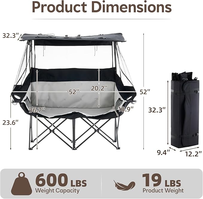 TUKAILAi Double Camping Chair with Canopy Shade Oversized Folding 2 Person Loveseat with Cup Holders and Side Pockets Portable Outdoor Couch for Beach Lawn Picnic Fishing (Black + Grey)