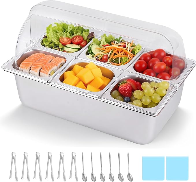 Cold Food Buffet Server 9.6Qt (6 Pans×1.6Qt) with Ice Packs for Salad Pizza Sauce Colded Serving Trays Condiments Containers for Parties Buffet