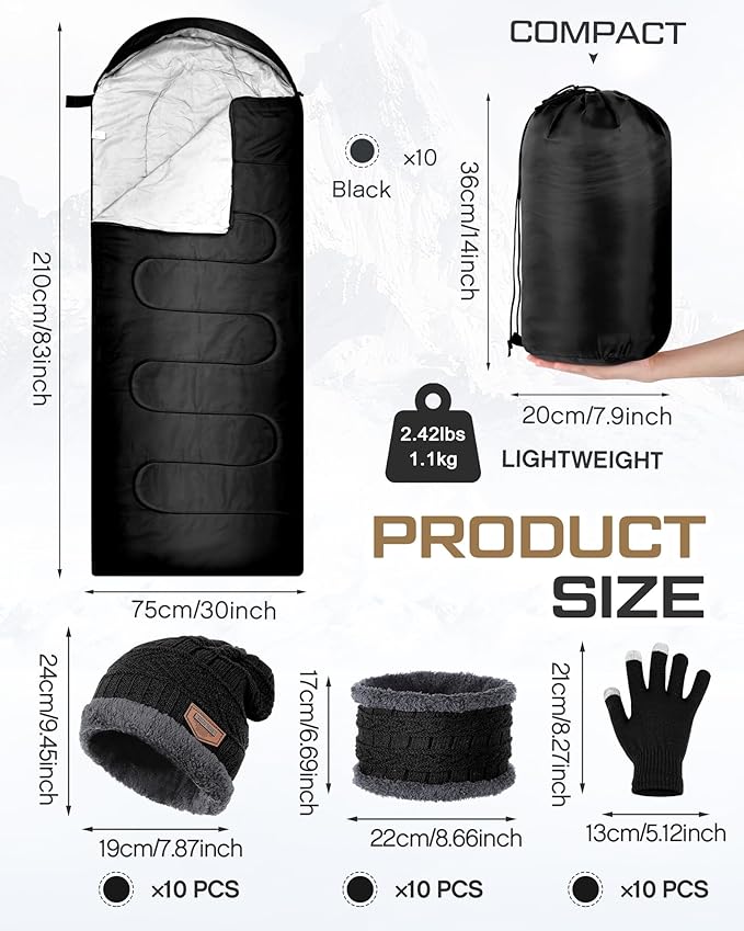 40 Pcs Bulk Sleeping Bags Adult for Homeless Sleeping Bags Cold Weather Waterproof with Winter Hats Gloves Scarves and Mittens for Camping Emergency Use