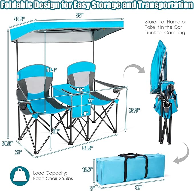 GYMAX Double Camping Chair Beach Chair with Canopy Shade Adjustable UV Protection Cooler Cup Holder &amp Carry Bag Folding Portable Lawn Soccer Camp Chair with Umbrella for Adults (Blue 2 Perso
