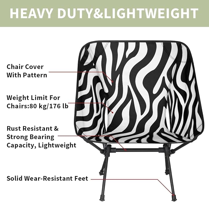 Honeybaby Folding Camping Chair Zebra Animal Print Camping Chairs Lightweight Portable Chair Outdoor Foldable Chairs for Camping Travel Picnic Beach Hiking