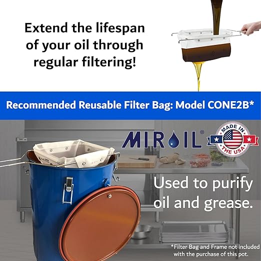 MirOil 6 Gallon Blue Oil Grease Bucket &amp Filter Pot – Steel Fryer Container w/Lid Lock &amp Clip Food Grade Interior Coating - Hot Grease Collection Pot for Disposal Under Drain Valves – Model #