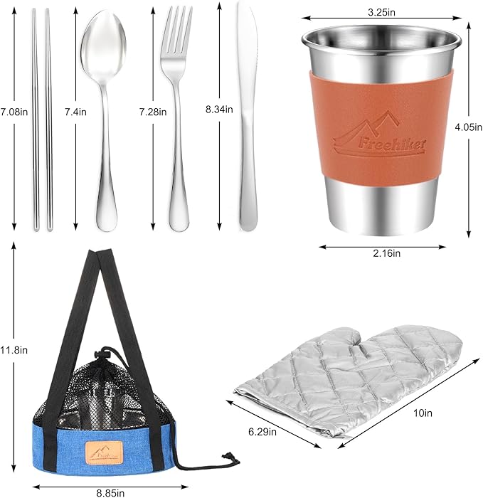 Camping Mess Kit - 1 to 2 persons Camping Dishes includes Cups Bowls Knives Forks Spoons Camping Dinnerware Set Camping Cooking Utensils Accessories Plates Dinnerware Set