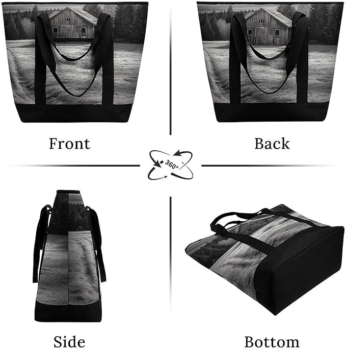 Insulated Shopping BagLarge Reusable Cooler Bags Barn Black And White Printed Foldable Shopping BagTravel Waterproof Shoulder Bag