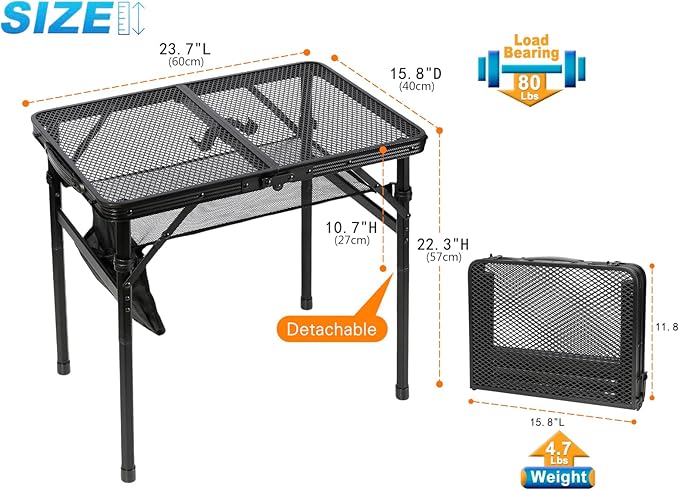 Small Floding Grill Table with Mesh Layer 2 Height Adjustable Portable &amp Lightweight Metal Camping Table for Outdoor Beach &amp BBQ - Compact (2 FT Black)
