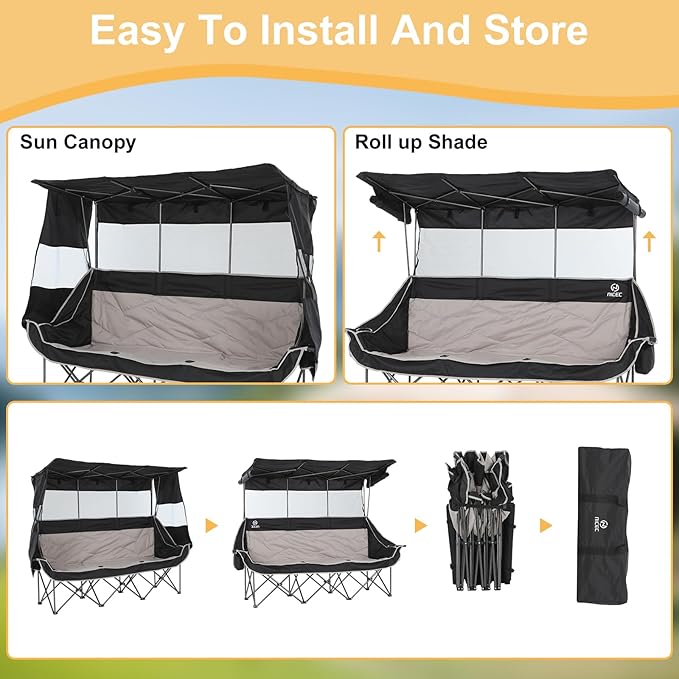 Nice C 3 Person Camping Chair with Canopy Double Chairs with Sun Shade Umbrella Chairs Loveseat Folding Portable Padded Sports Chair with Cup Holder Cooler Bag for Outdoors Lawn (Black&ampGrey