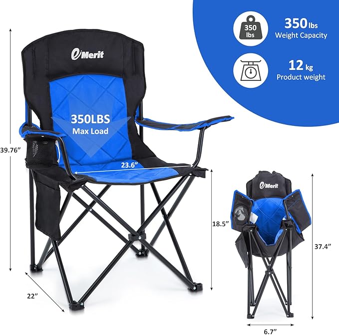 EMERIT Oversized Padded Camping Chair 350LB Heavy Duty Quad Fold Chair with Arms Collapsible Outdoor Chairs with Lumbar Back &amp Cup Holder