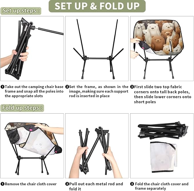 Honeybaby Folding Camping Chair Lovely Bears Camping Chairs Lightweight Portable Chair Outdoor Foldable Chairs for Camping Travel Picnic Beach Hiking