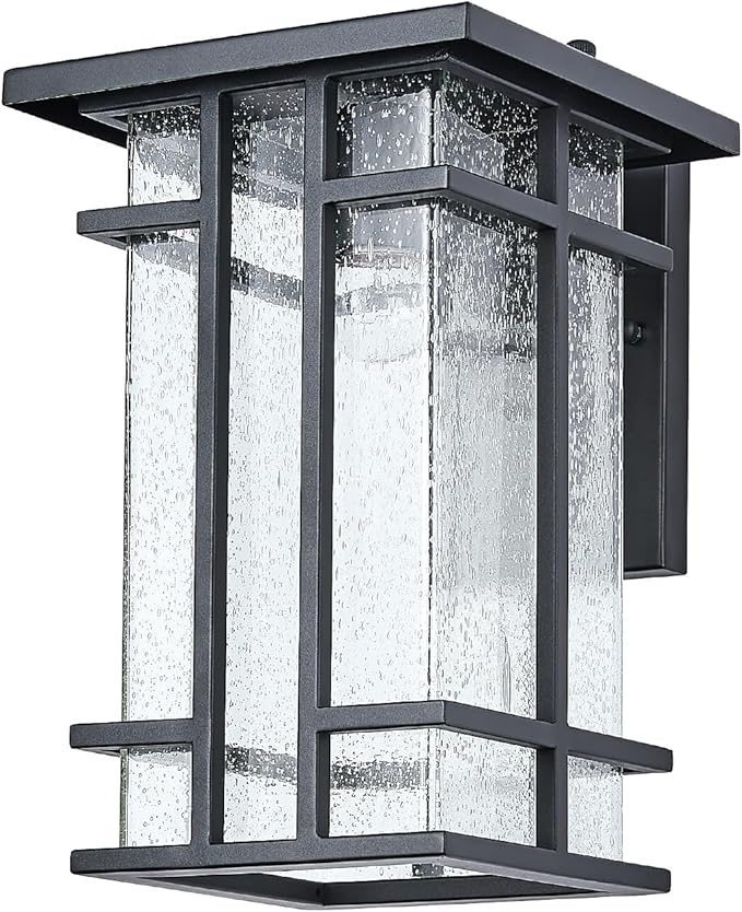 Rustic Dusk to Dawn Outdoor Wall Light Fixture 13.8H Waterproof Exterior Wall Sconces Black Metal with Seeded Glass Sensor Outdoor Wall Lantern for House Patio PorchEntrywayGarage Wall Lamps