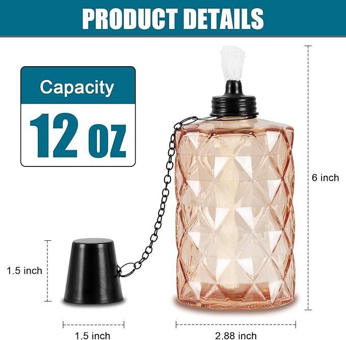 Glass Table Top Torch Outdoor Torch Canisters 12 ozRefill Canister with Wicks and Covers Patio Metal Torch for Luau Party DIY Garden Decor (4 Packs) (Orange)