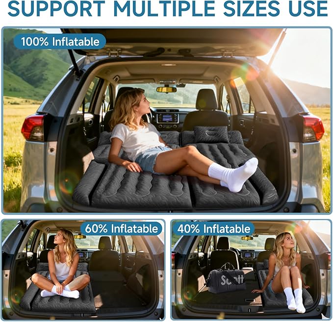 Inflatable SUV Air Mattress Bed Car Mattress Double-Sided Flocking Travel Camping Bed Car Sleeping Mattress for Universal SUV with Air Pump 2 Pillows