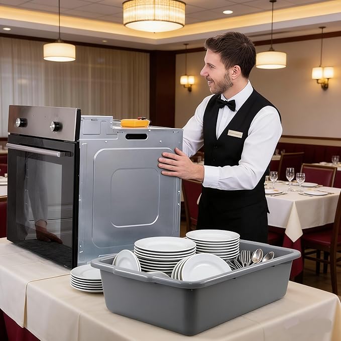 Zopnny 4 Pack Commercial Bus Tubs Food Grade Meat Processing Tubs Lug 7 Grey Plastic Dish Tub/Wash Basin/Tote Box for Dishwashing Kitchen Restaurant Utility (35 L)