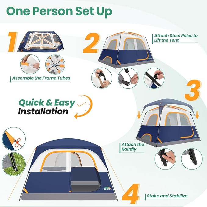COBIZI Camping Tent 4 Person Easy Setup Waterproof Windproof Backpacking Tent with Removable Rainfly Lightweight Portable Outdoor Family Tents for Camping Travel Fishing Hiking Scouts (Green)